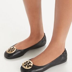 Tory Burch MINNIE TRAVEL BALLET Perfect Black Gold Women's Size 12